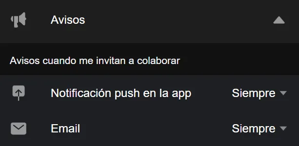 Selector de notificaciones en preferencias